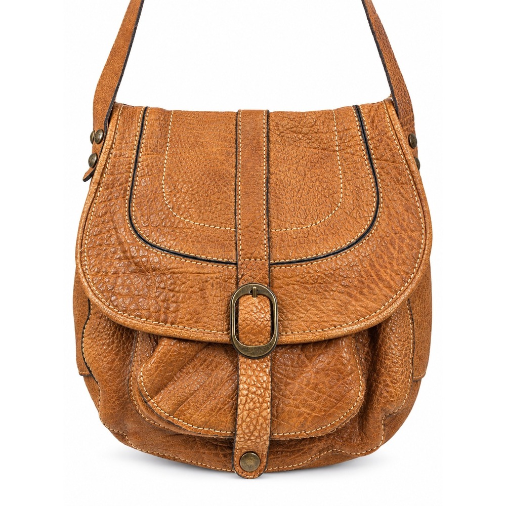 Patricia Nash Barcellona Tan Italian Leather Crossbody Saddle Bag Buckle Detail